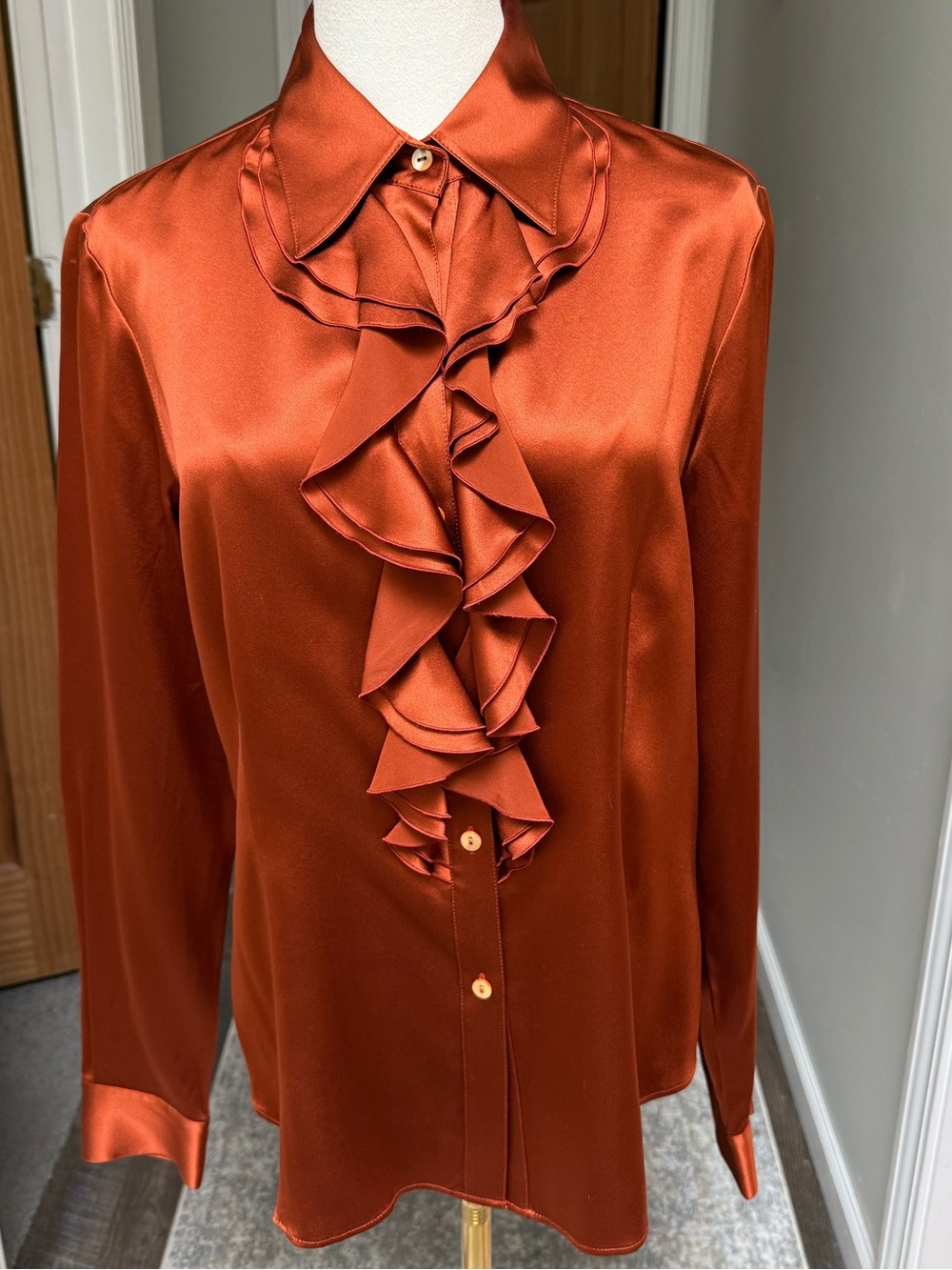 Lafayette 148 New York Silk ruffle front blouse in copper orange size 8